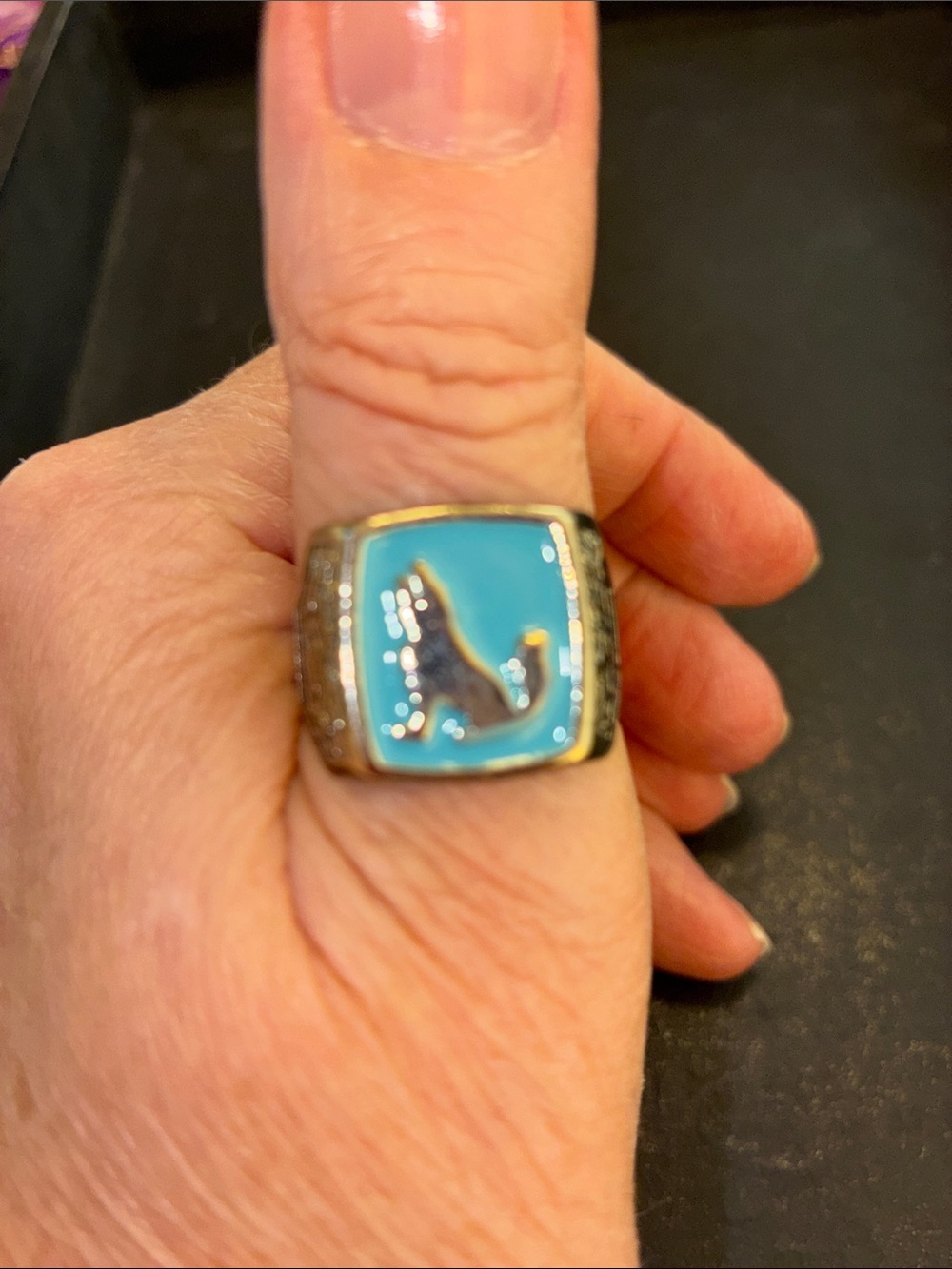 Turquoise Enamel Wolf Signet Ring - Men’s Ring Size 12